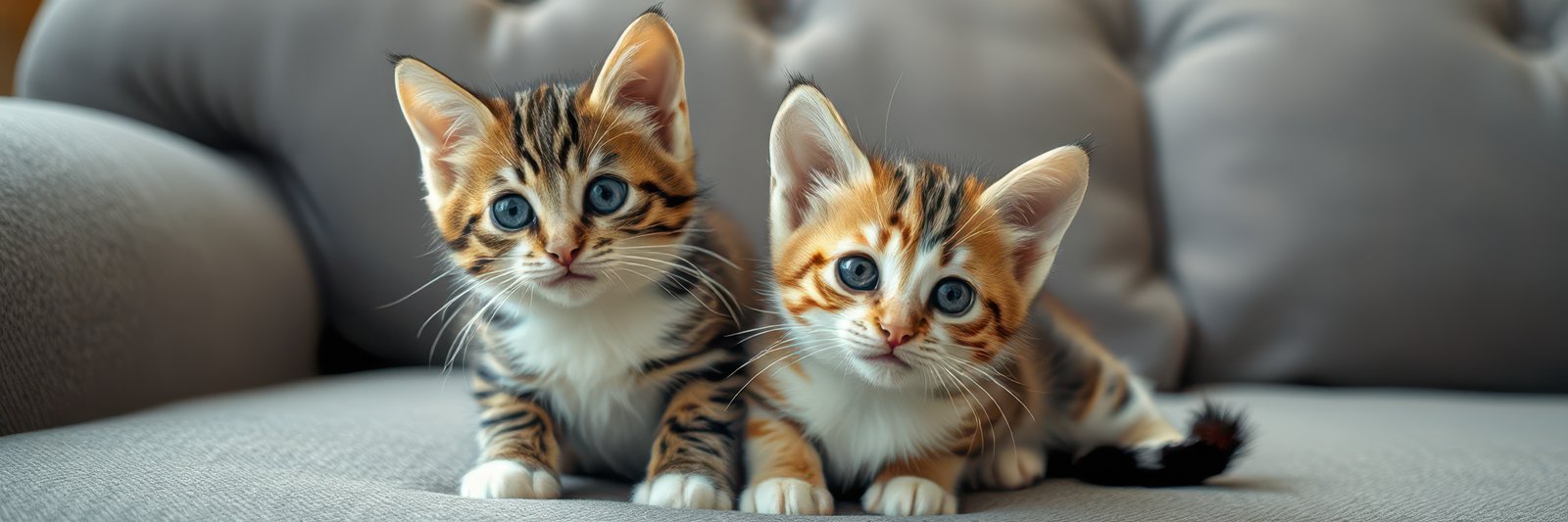 Two playful kittens sit together on a soft couch in a cozy living room during the afternoon light